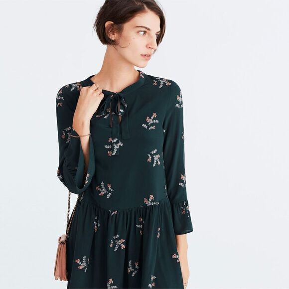 EUC Madewell Silk Tie-Neck Wild Botanic Evergreen Dress - Picture 5 of 11